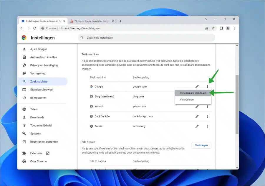 Bing verwijderen en andere zoekmachine instellen in Google Chrome browser