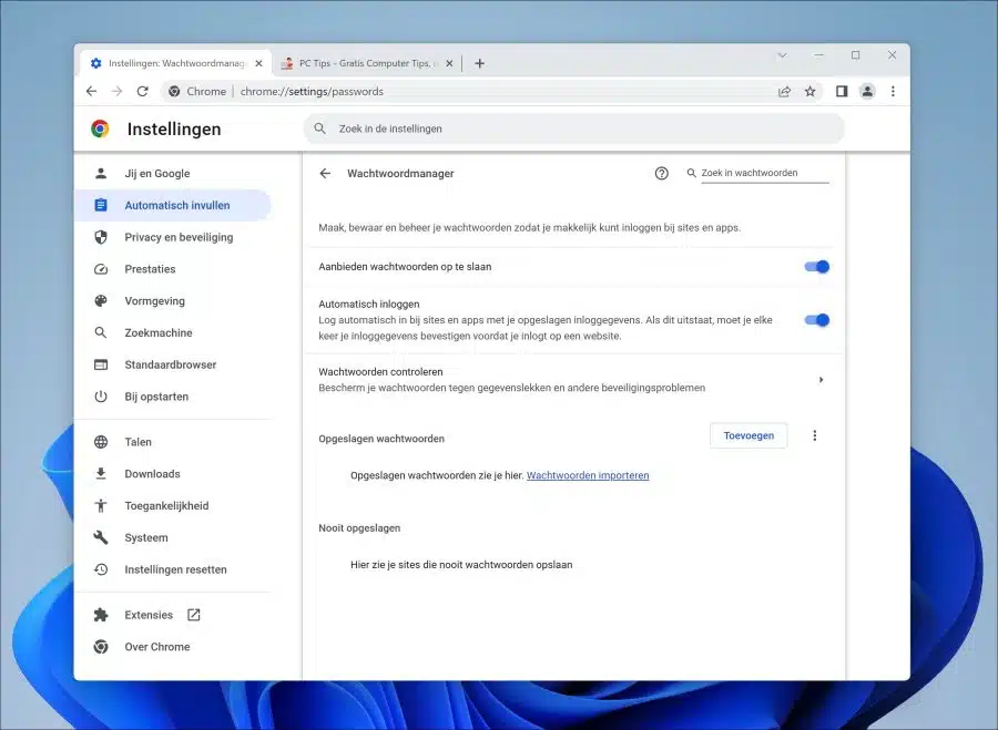 Wachtwoordmanager in Google Chrome