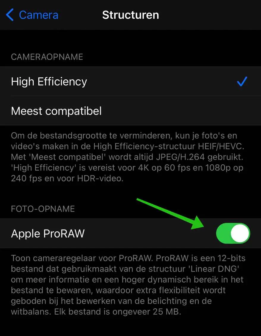Apple ProRAW foto's inschakelen op iPhone (iOS)