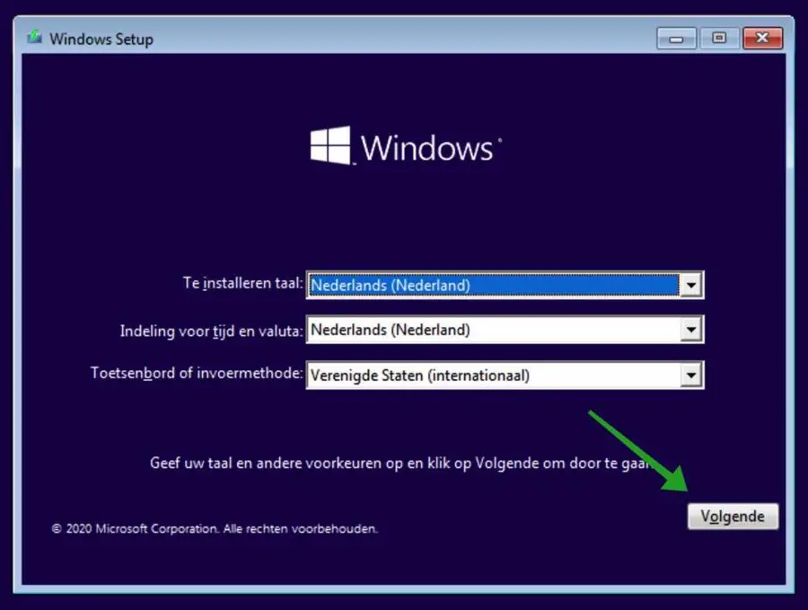 Windows installatie scherm
