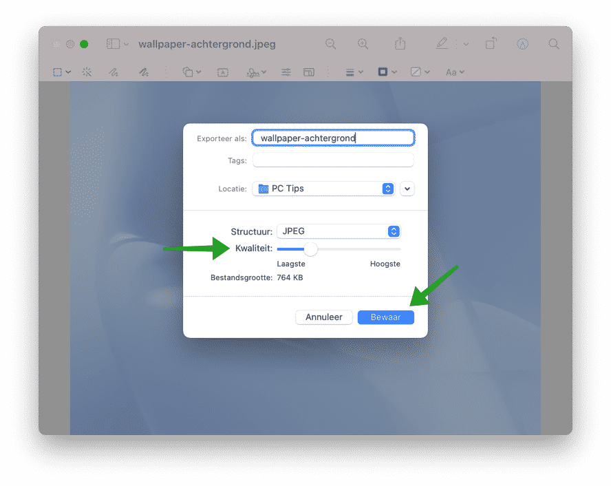Kwaliteit en compressie wijzigen met voorvertoning op mac