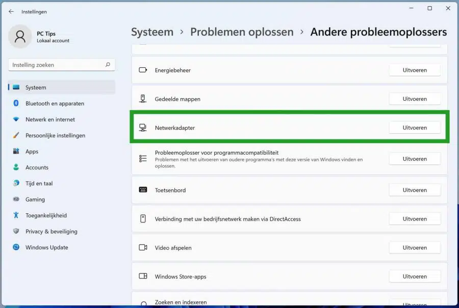 Netwerkadapter probleemoplosser in Windows 11