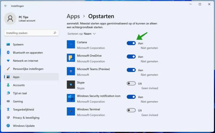 Opstart apps uitschakelen in Windows 11