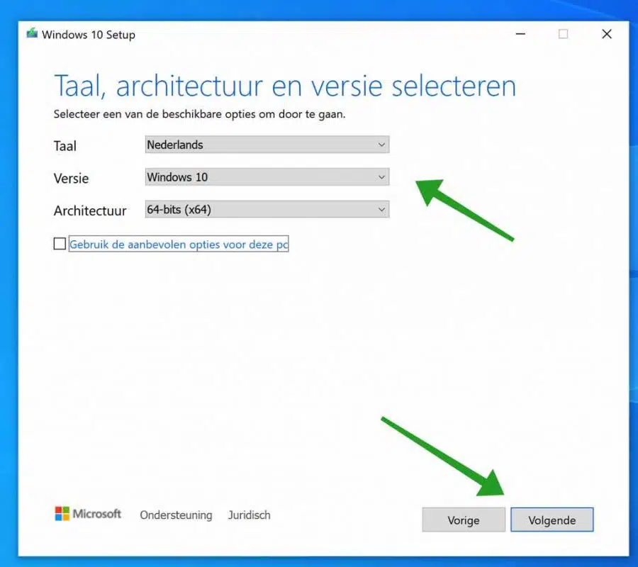 Windows 10 architectuur en versie selecteren voor installatie op usb