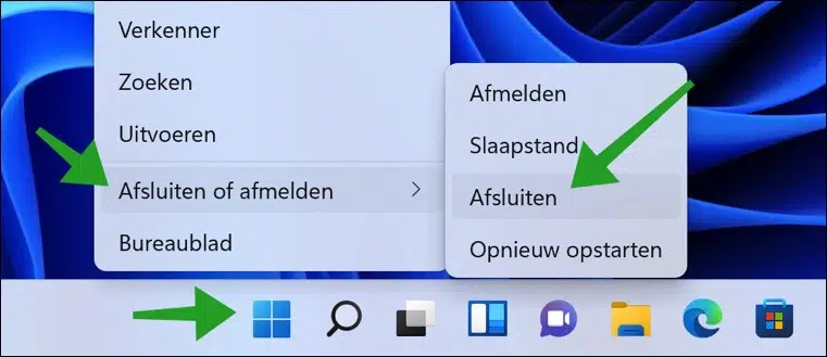 Windows 11 afsluiten via WinX menu