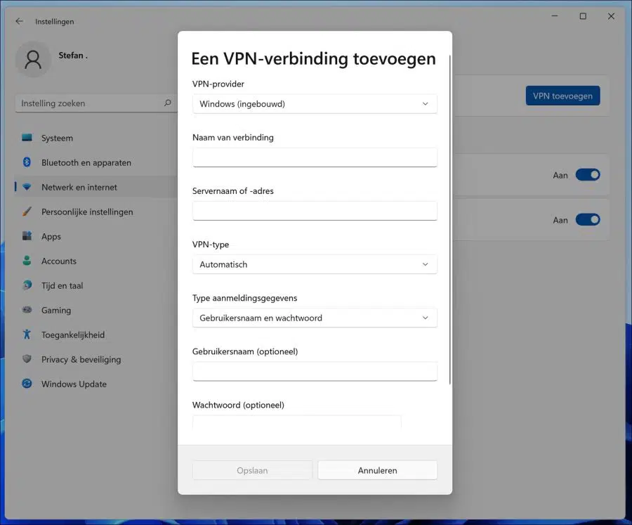 Handmatig een VPN toevoegen in Windows 11