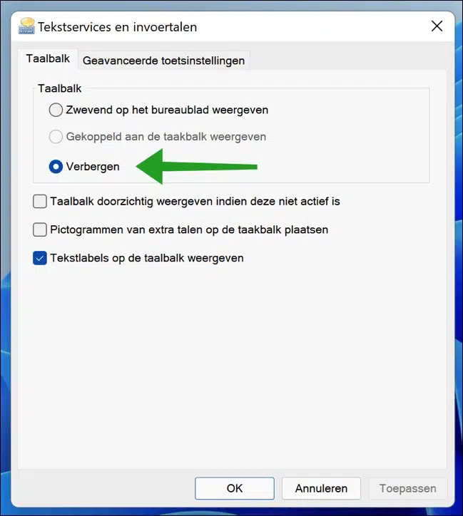 Taalbalk verbergen in Windows 11