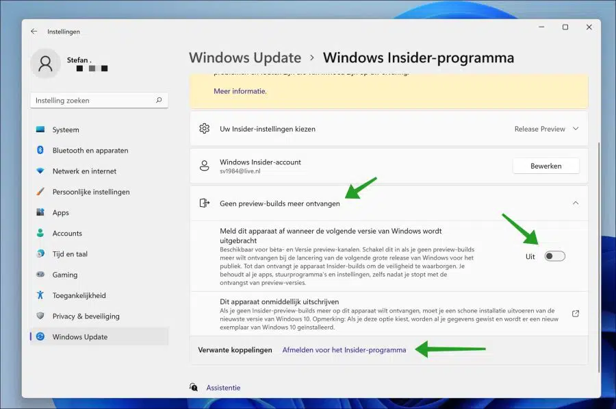 Geen preview builds meer ontvangen in Windows 11