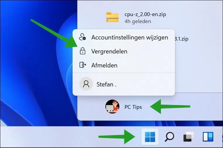 Computer vergrendelen via Start menu in Windows