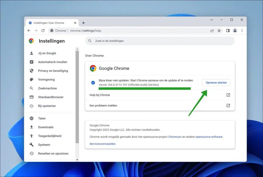 Google Chrome browser opnieuw starten om updates te voltooien