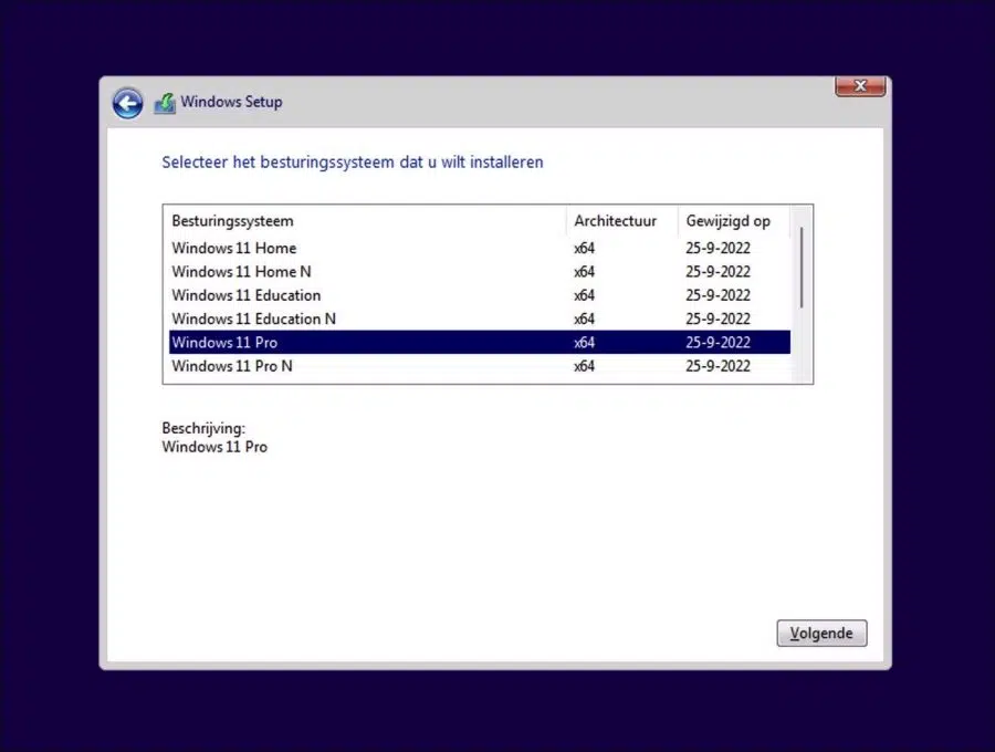 Windows 11 versie selecteren