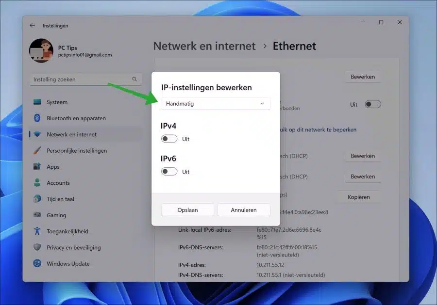 IP-instellingen bewerken voor ethernet kabel verbinding