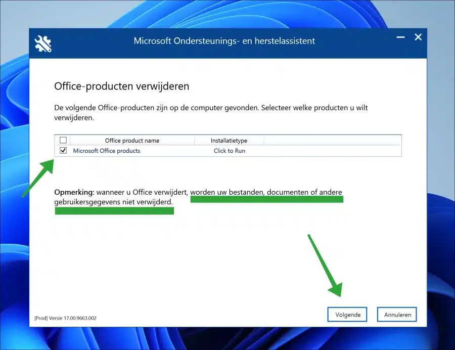 Office producten verwijderen via Microsoft ondersteunings- en herstelassistant