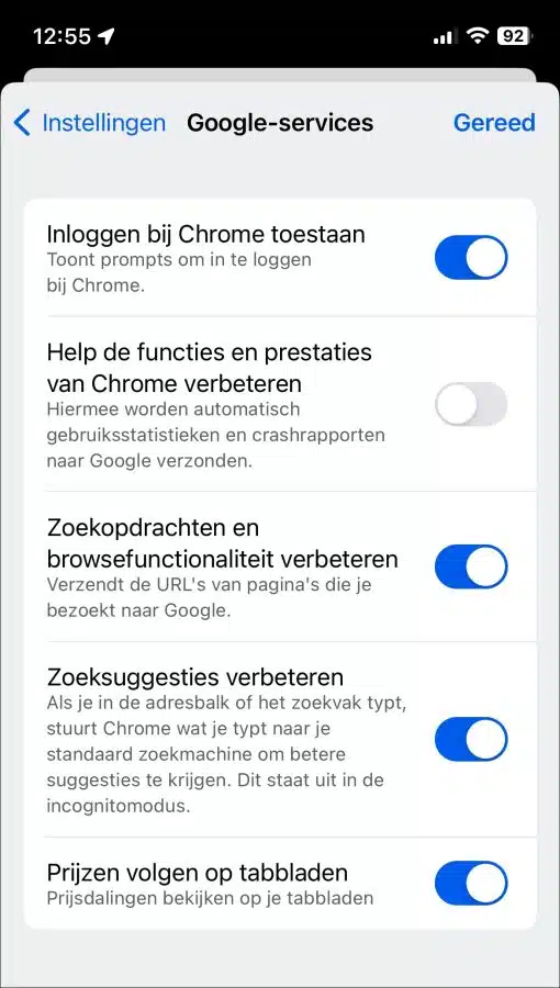 Google services in Google Chrome