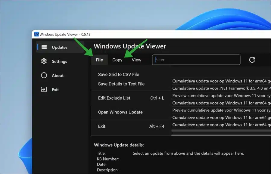 Windows update viewer resultaten exporteren