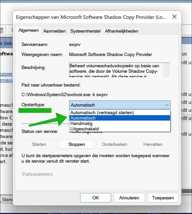 Microsoft Software Shadow Copy Provider opstarttype automatisch