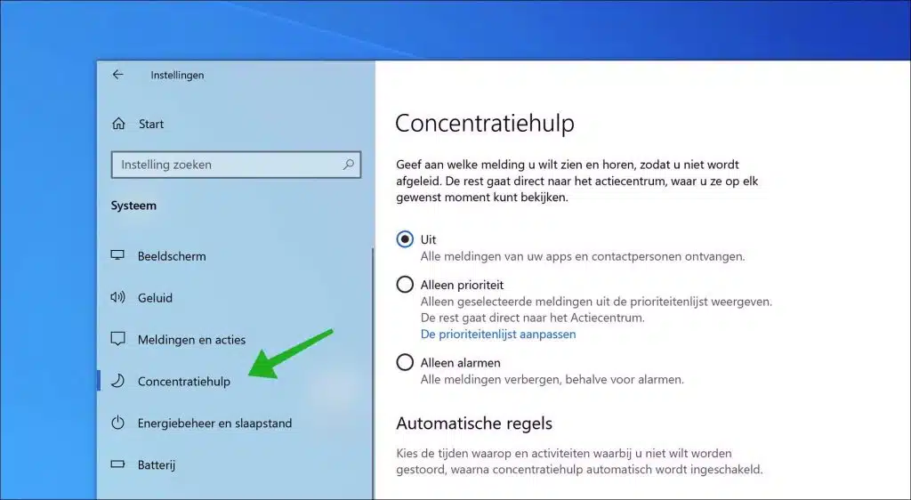 Concentratiehulp in Windows 10
