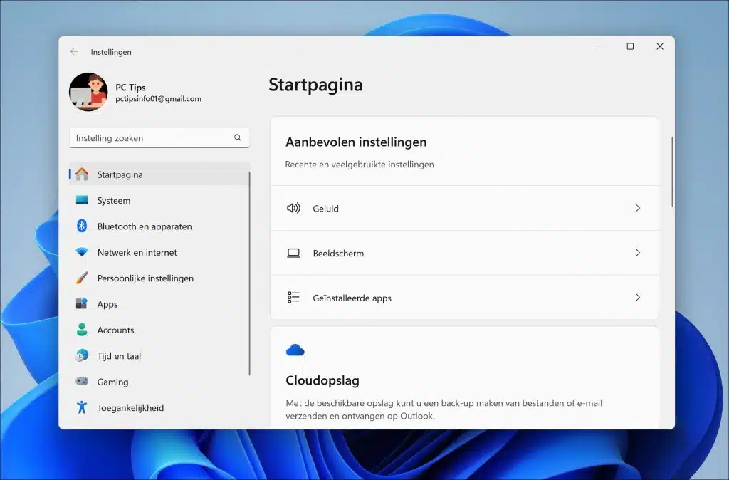 Instellingen startpagina in Windows 11
