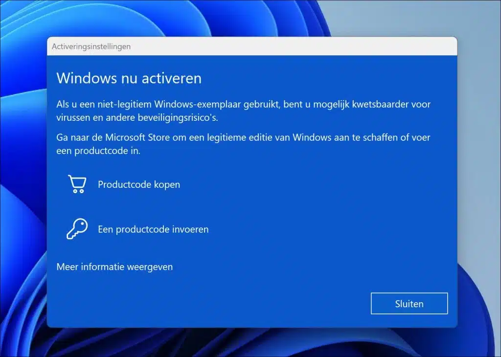 Windows nu activeren melding