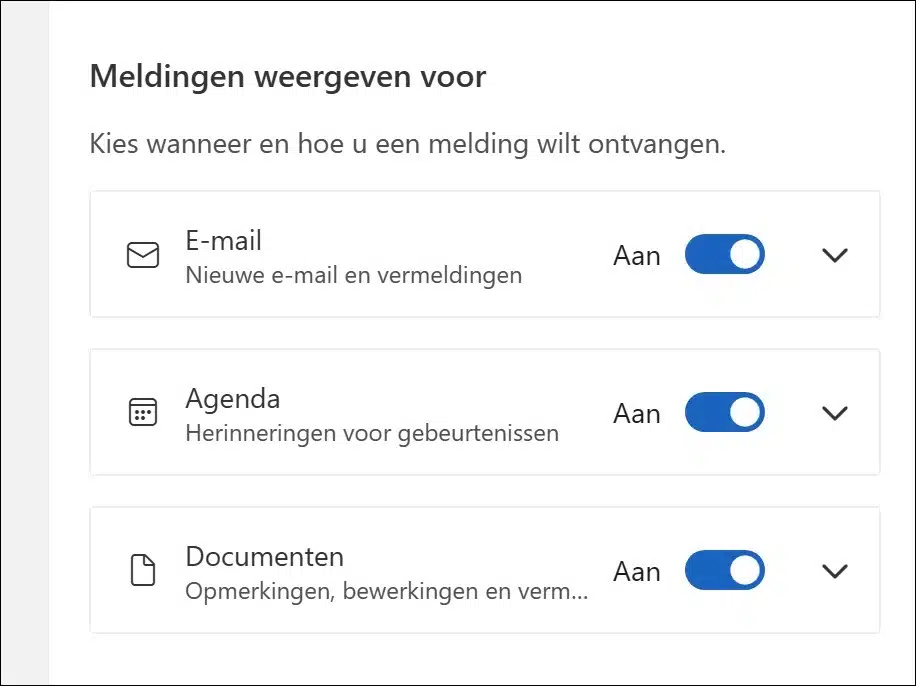 Meldingen weergeven voor e-mail agenda en documenten in Outlook