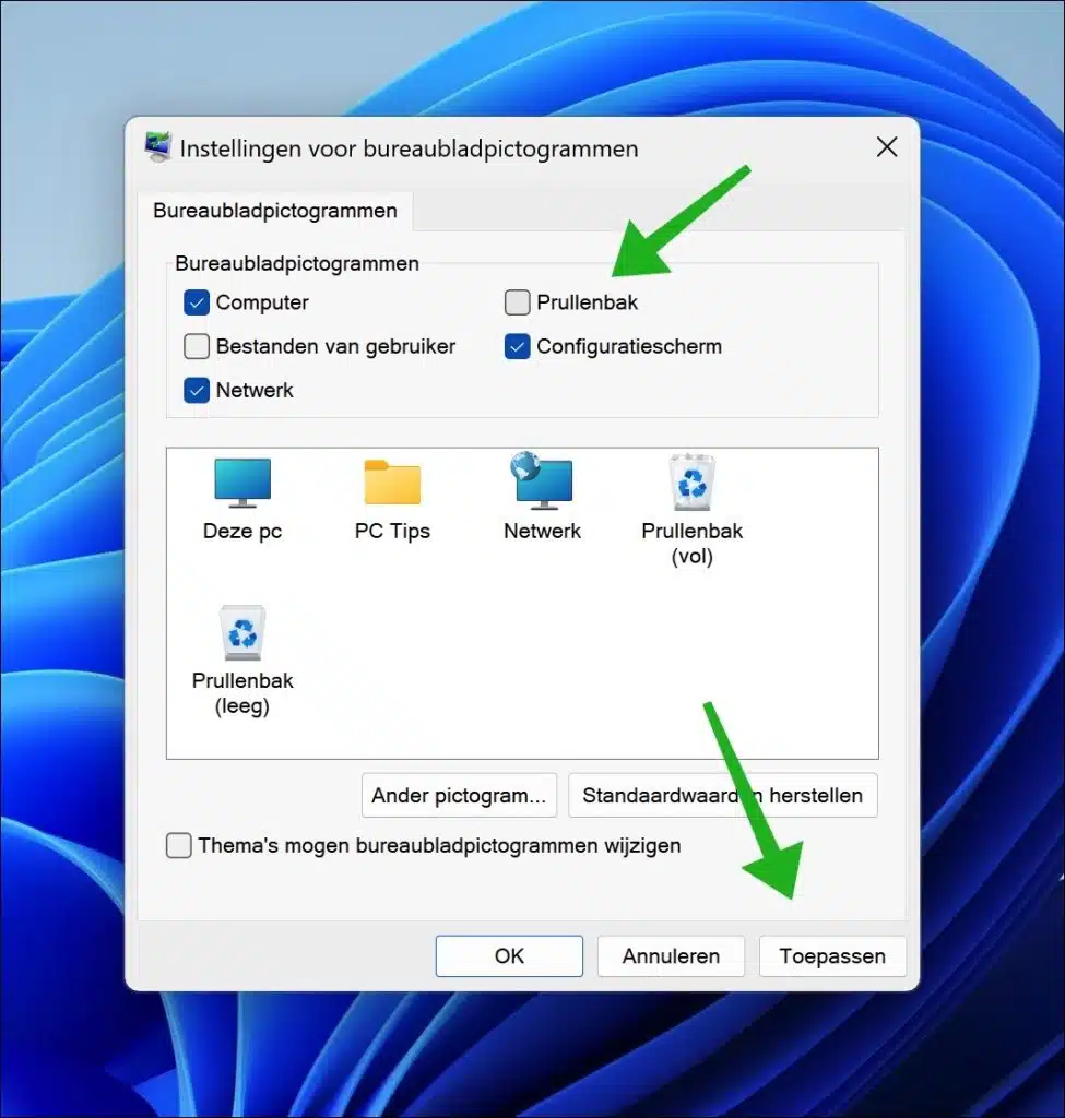 Prullenbak verwijderen van bureaublad in Windows 11