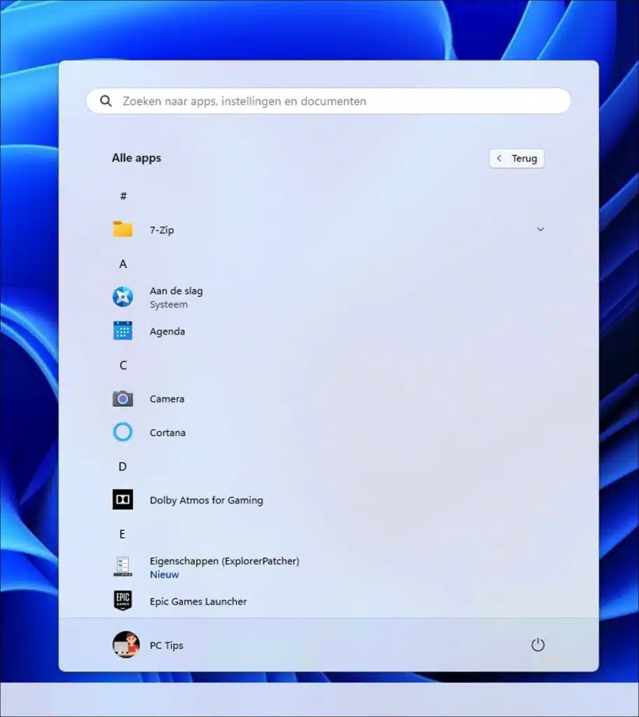 Start menu openen in Alle apps in Windows 11