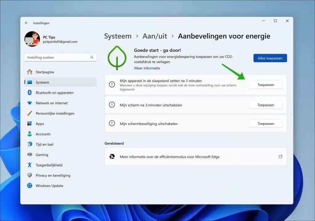 Aanbevelingen voor energie in Windows 11