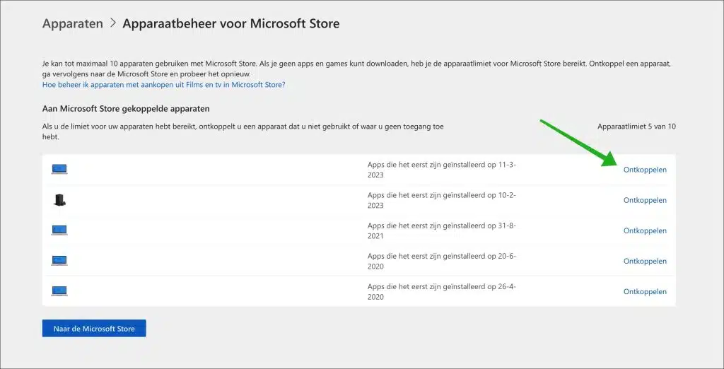 Apparaatbeheer voor Microsoft Store apparaat ontkoppelen