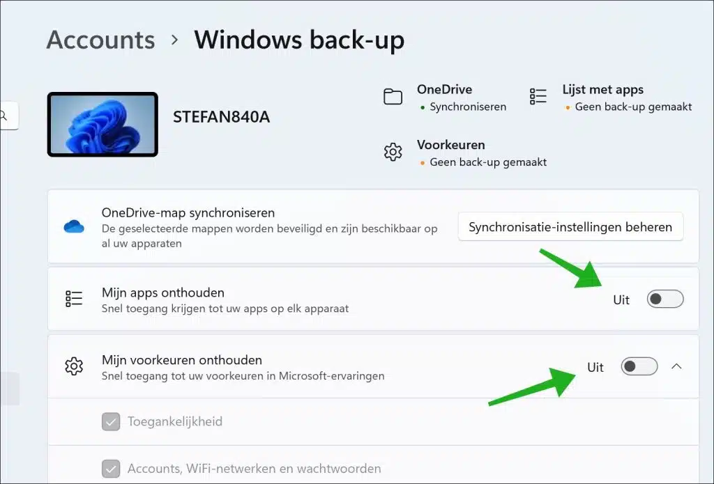 Apps en instellingen synchronisatie uitschakelen in Windows 11 via instellingen
