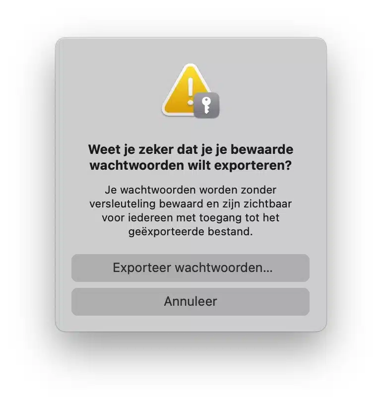 Wachtwoorden exporteren Safari waarschuwing