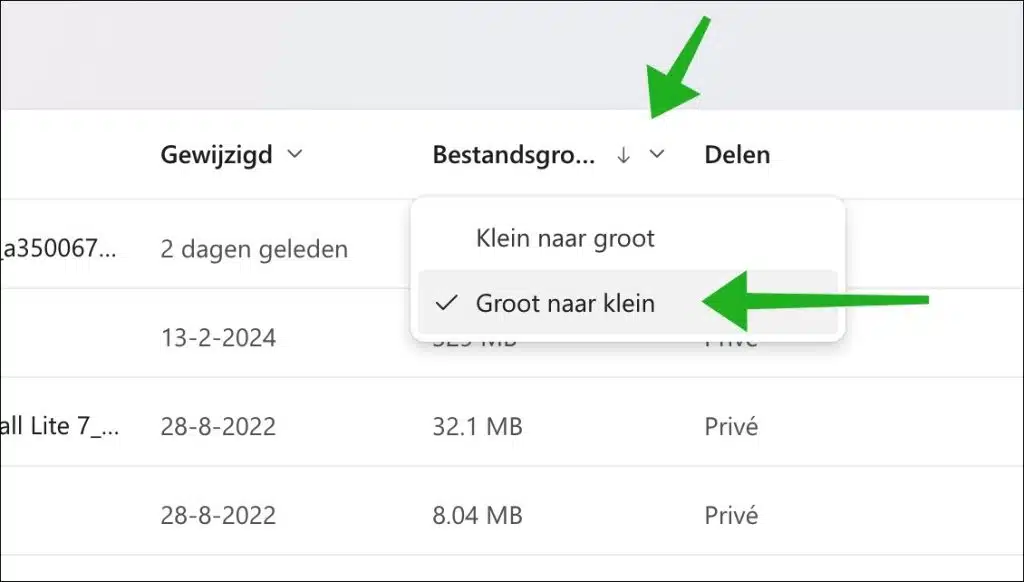 OneDrive bestanden sorteren van groot naar klein