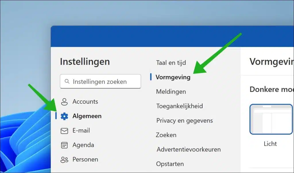 Vormgeving instellingen in Outlook voor Windows 11