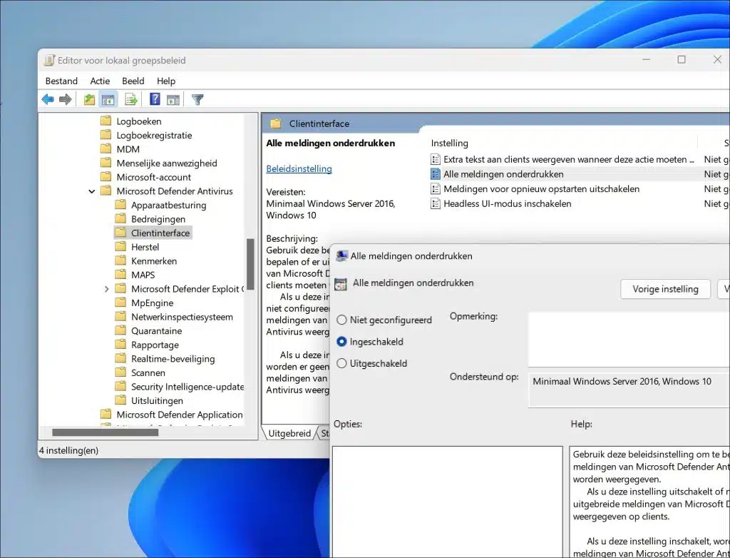 Uitschakelen van Windows Defender antivirus meldingen