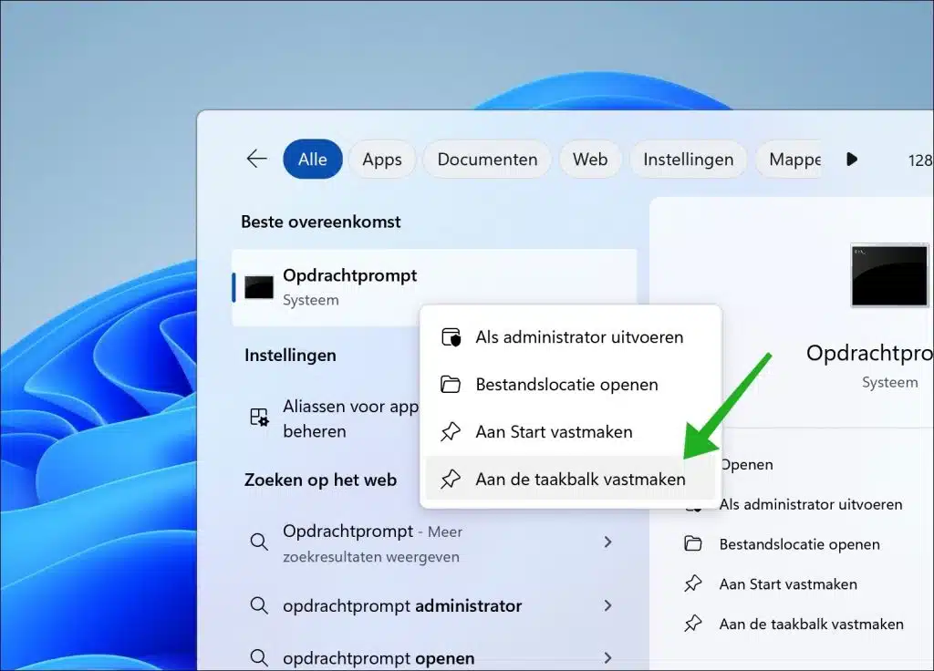 Opdrachtprompt vastmaken aan taakbalk